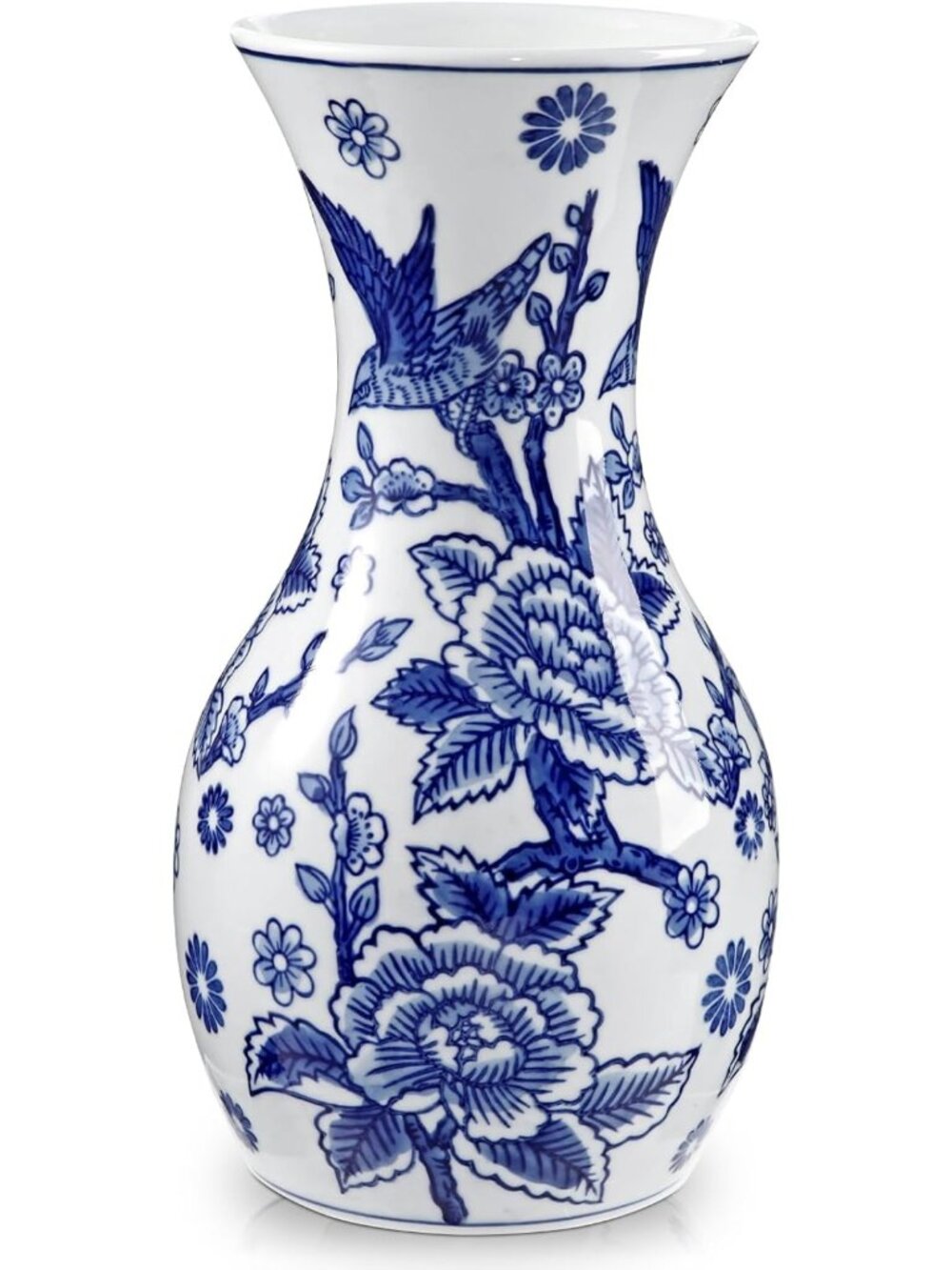 Chinoiserie Blue & White Ceramic Flower Vase - 11” Decorative Home Accent